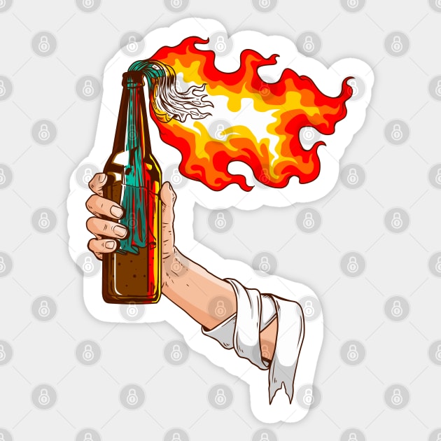hand holding burning Molotov Sticker by Mako Design 